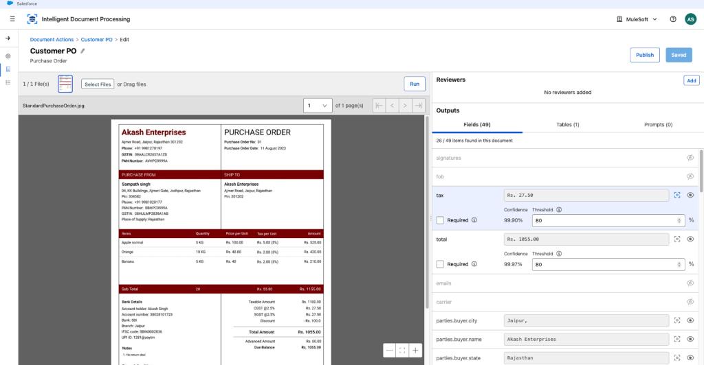 MuleSoft IDP processes a purchase order and returns extracted fields with confidence scores. Source: MuleSoft Blog