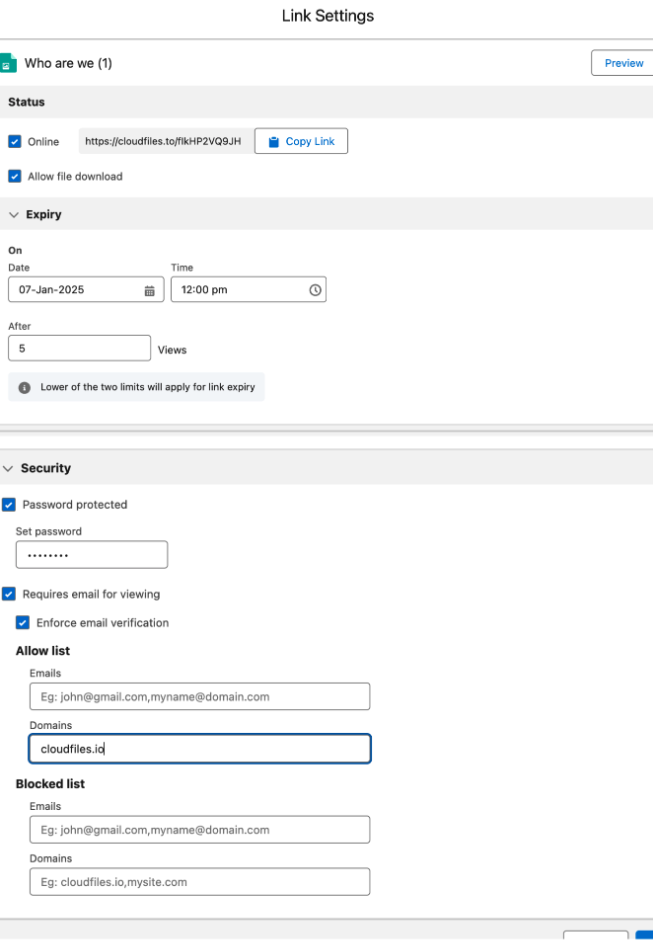 Security settings by CloudFiles