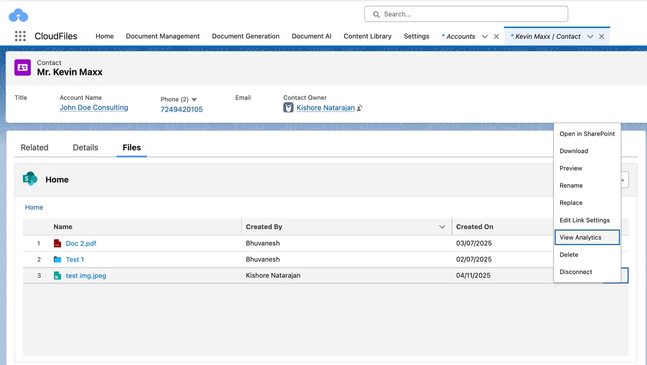 Analytics accesible from CloudFiles Widget