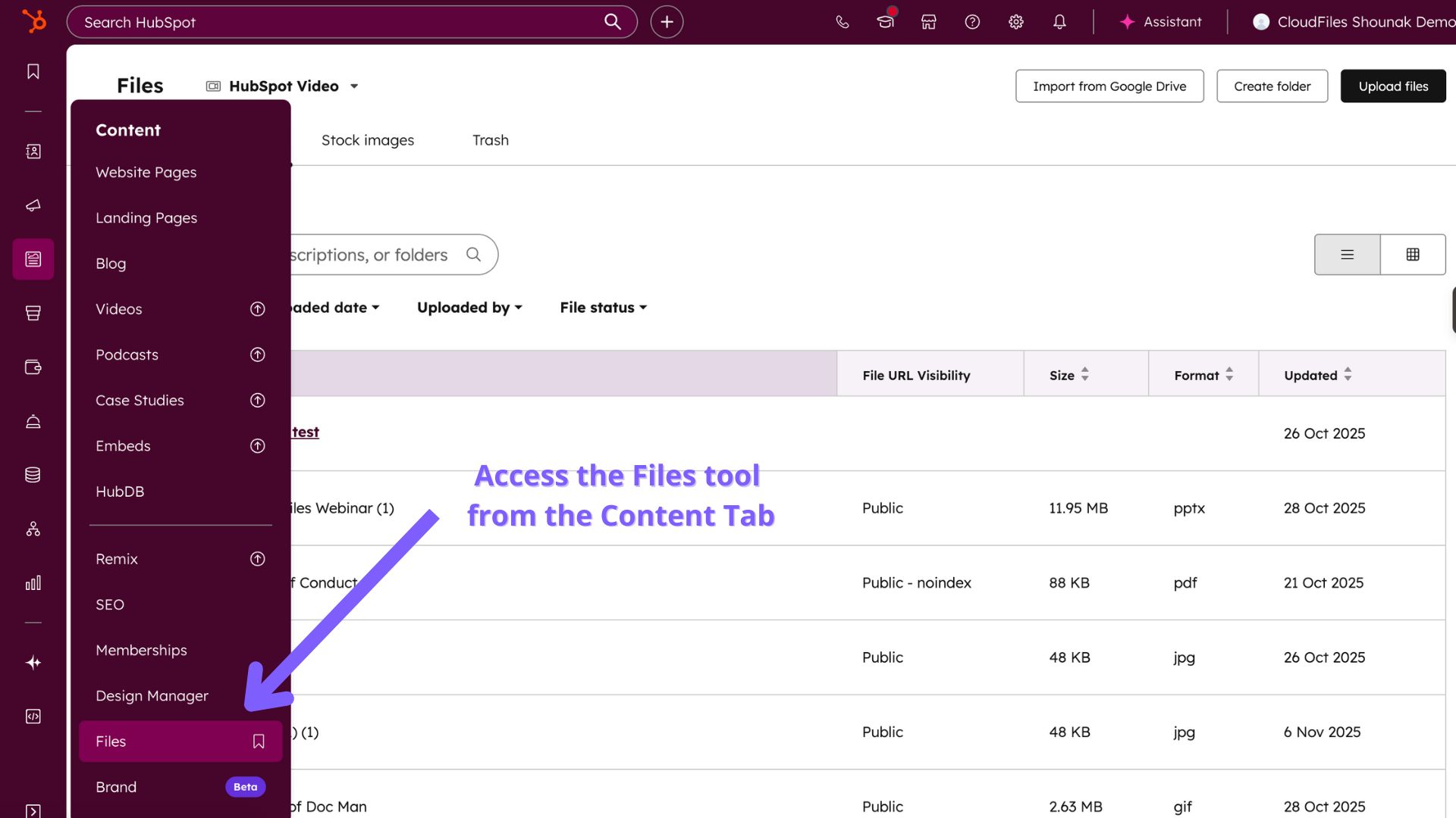 Accessing HubSpot File Manager from the Main Navigation