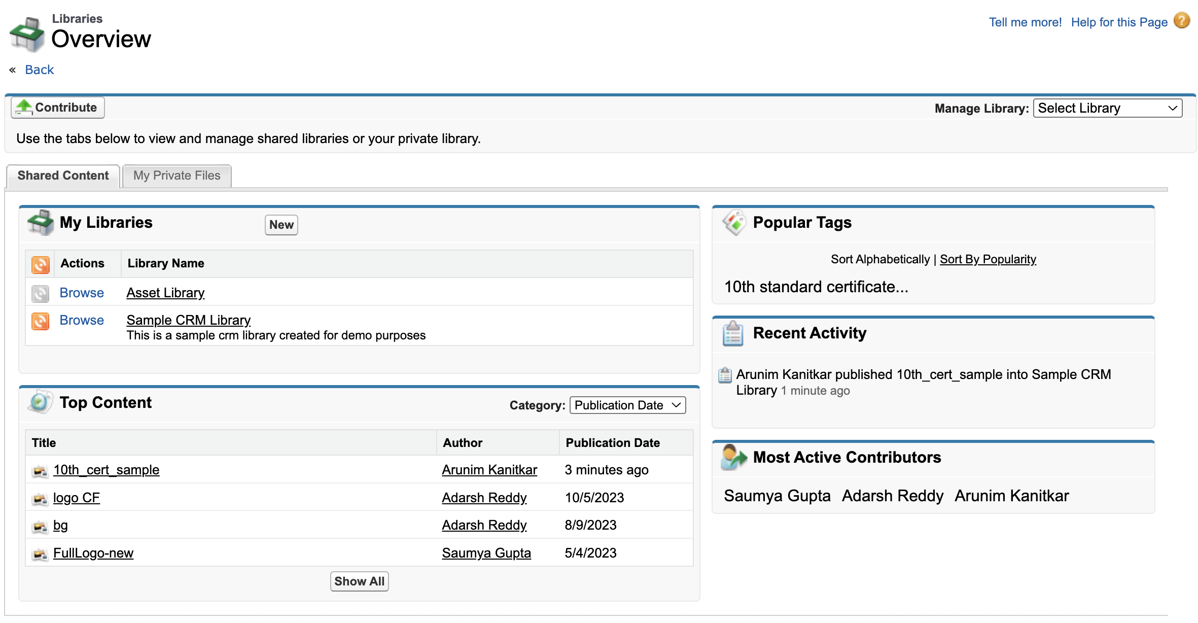 Libraries overview with top content, tags etc