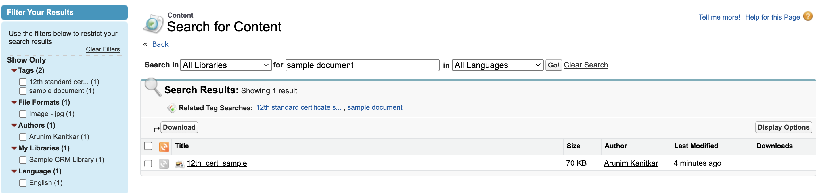 full search content section with 12th cert as result.