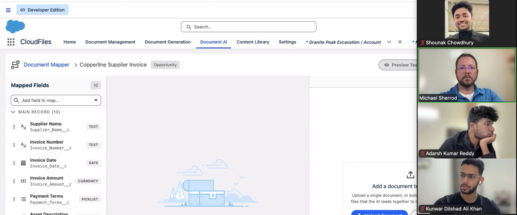 The CloudFiles Document Mapper in Salesforce, open on the Copperline Supplier Invoice configuration with ten mapped fields, beside the CloudFiles team on camera