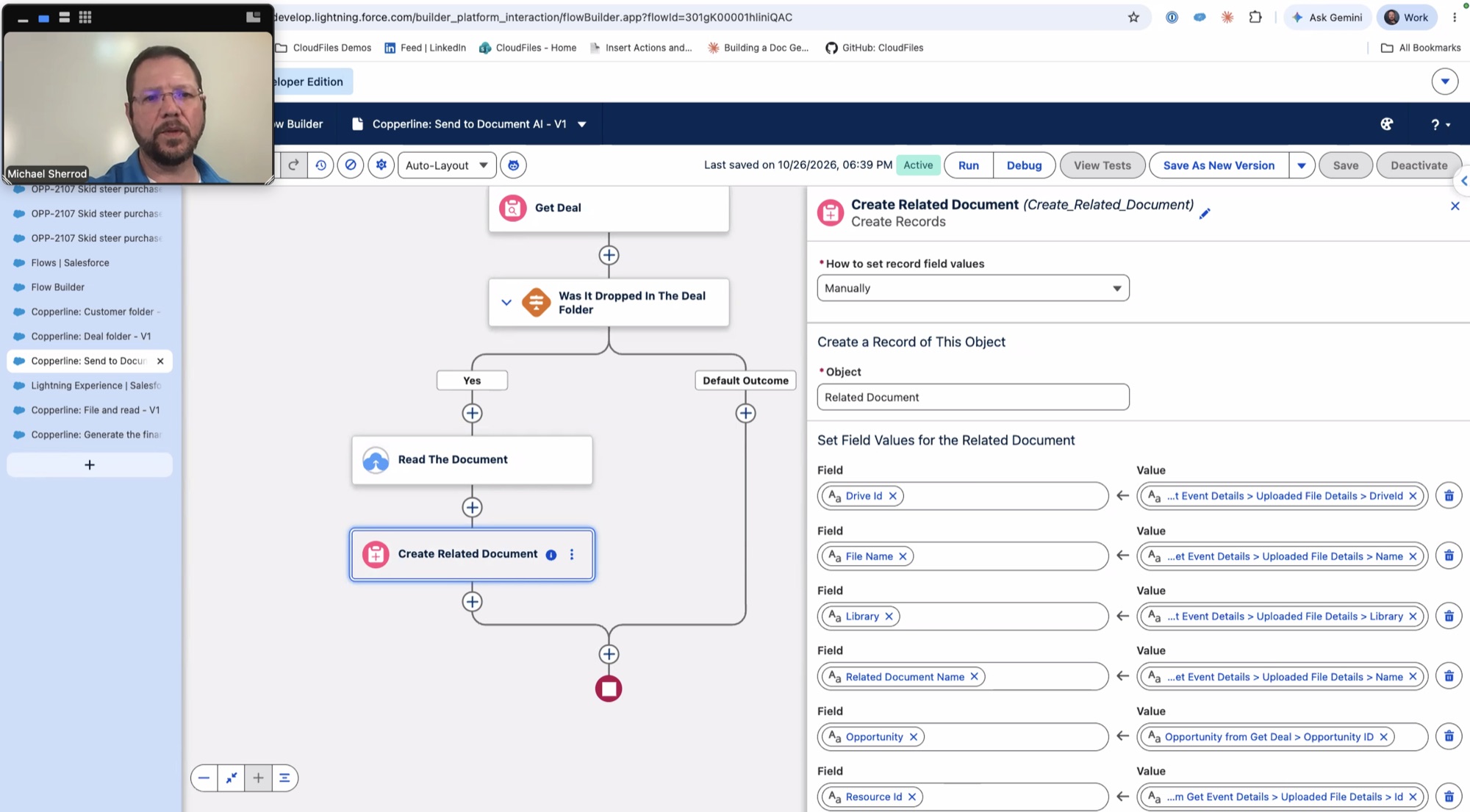 Salesforce Flow Builder open on the Copperline flow that sends each new deal document to CloudFiles Document AI and records it as a related document