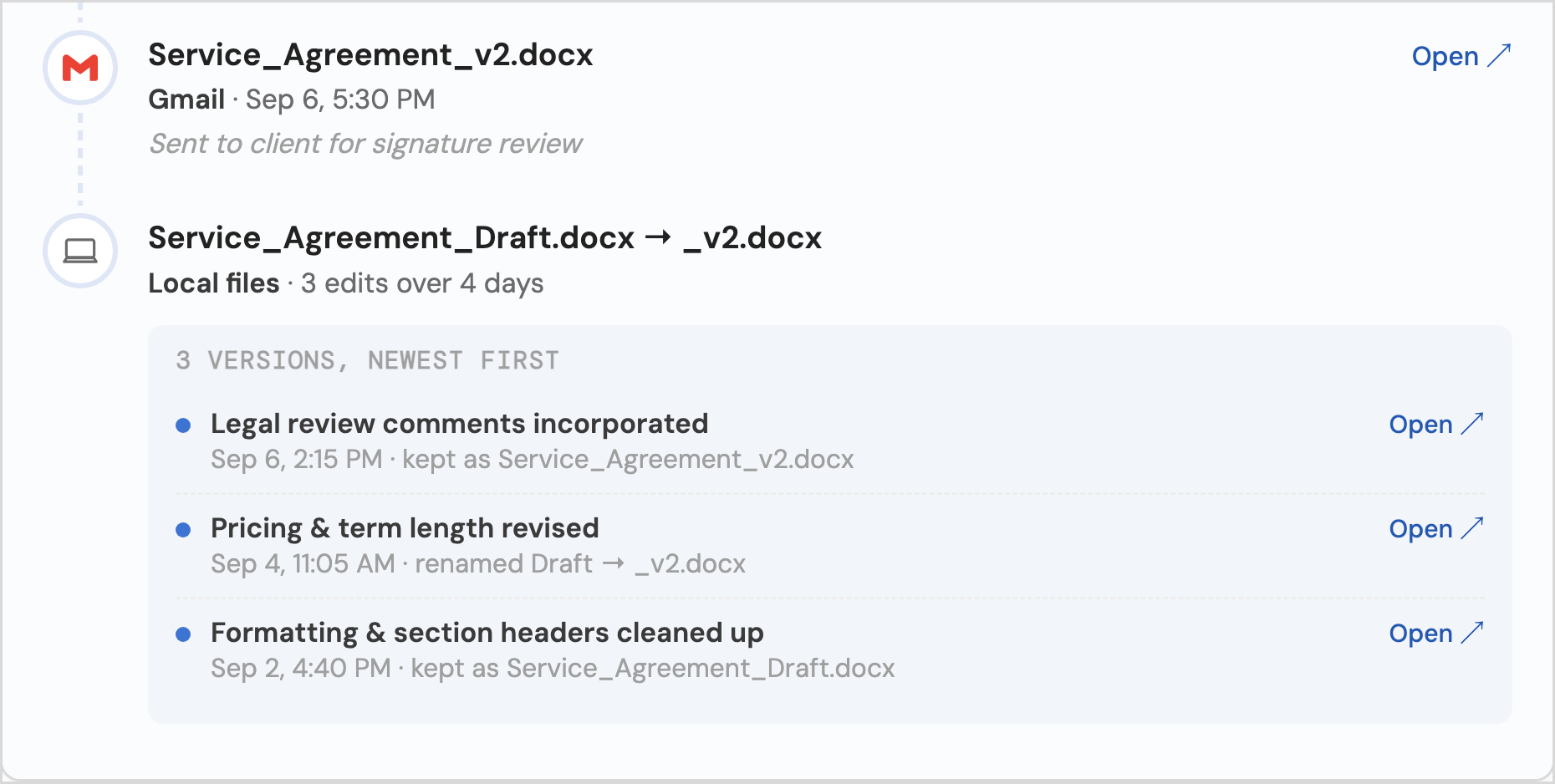 A file's cross-application path history, most recent entries first.