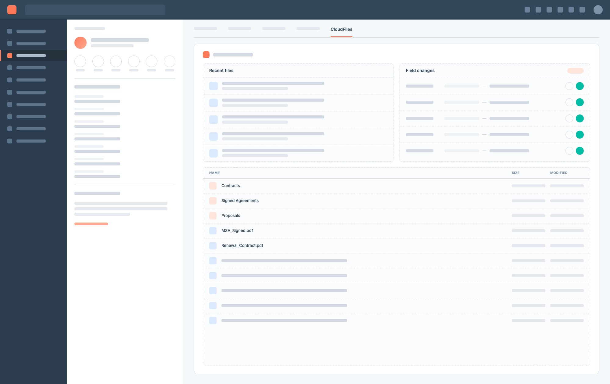A HubSpot contact record showing the CloudFiles tab open, with recent files, proposed field changes and a document manager on the record.