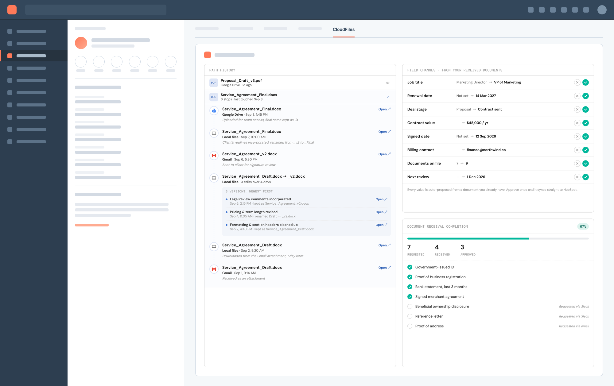 A HubSpot contact record showing the CloudFiles tab open, with recent files, proposed field changes and a document manager on the record.