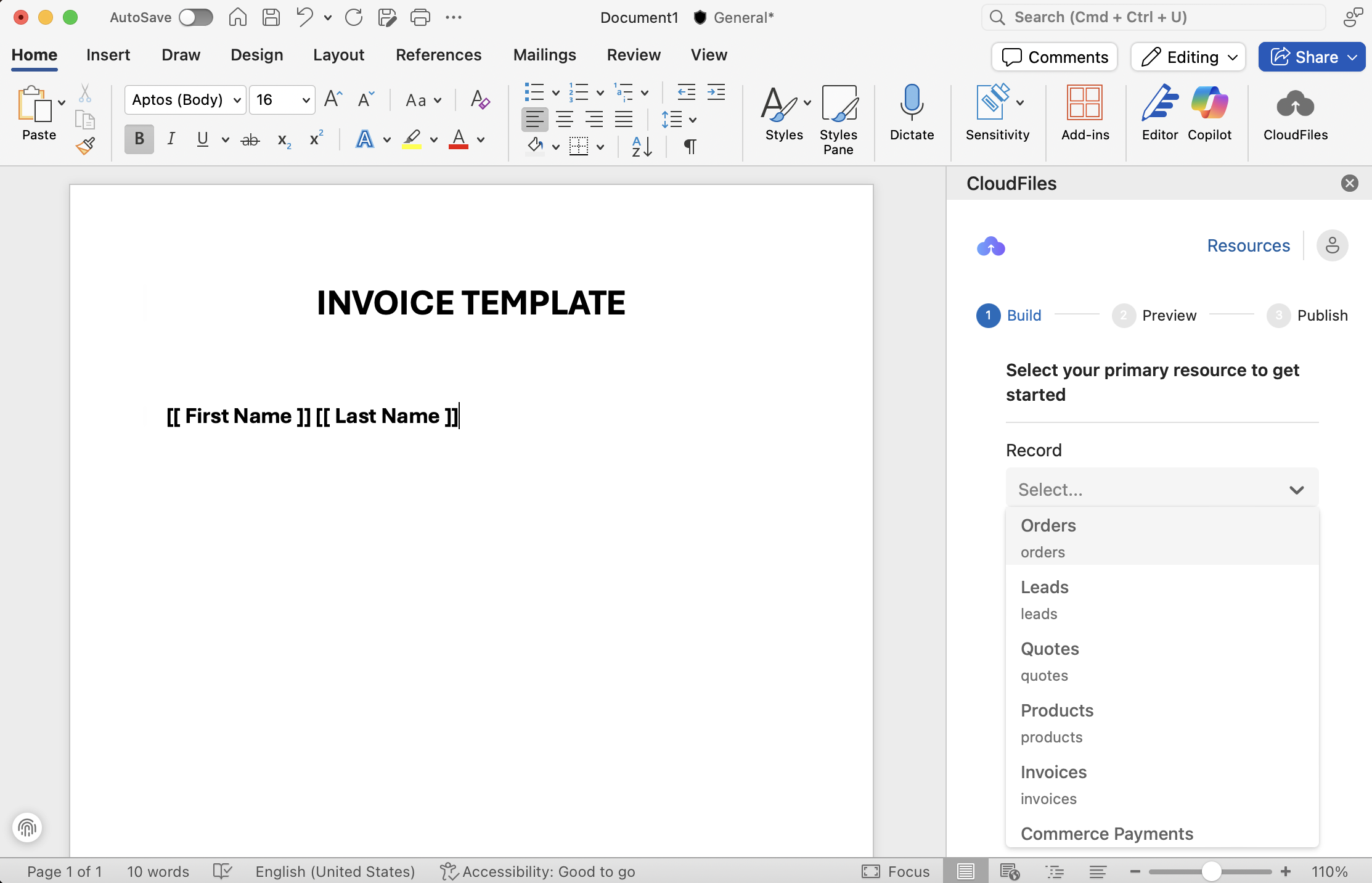 CloudFiles data orchestration pulling HubSpot fields into a template