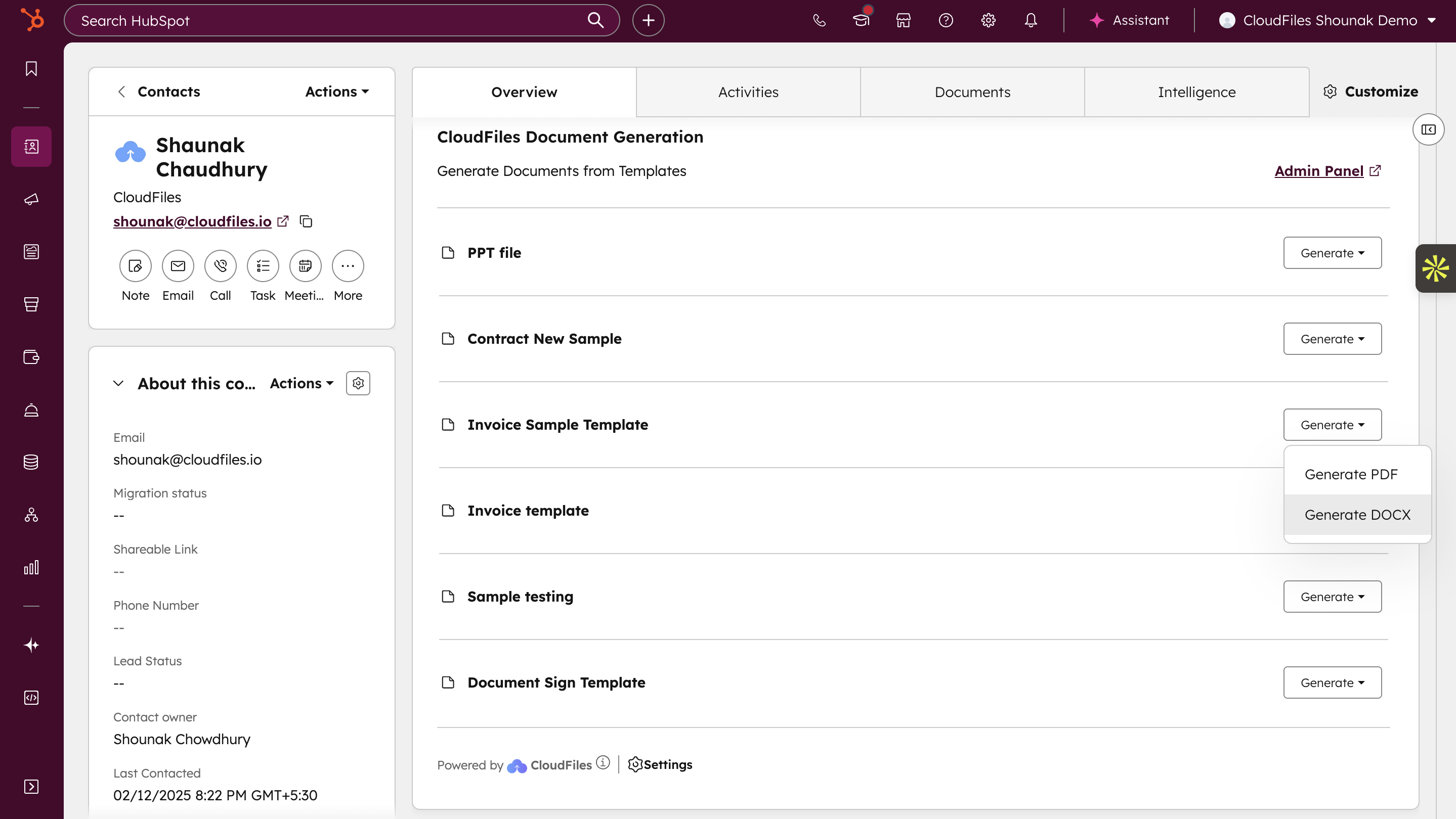 CloudFiles document generation running inside a HubSpot record