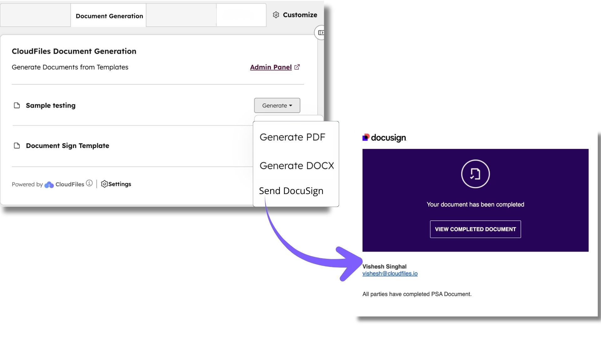 CloudFiles native DocuSign e-signature workflow inside HubSpot