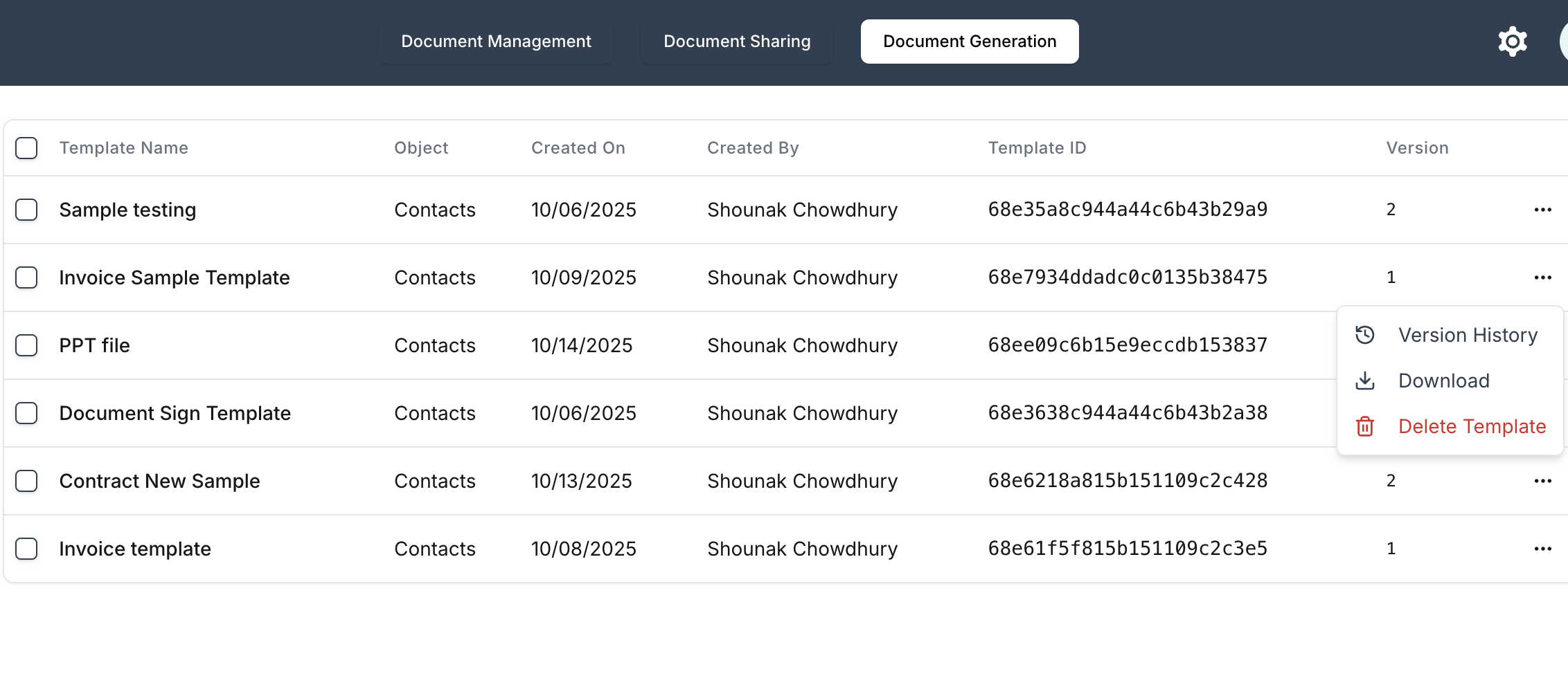 CloudFiles template control centre showing template versions and owners