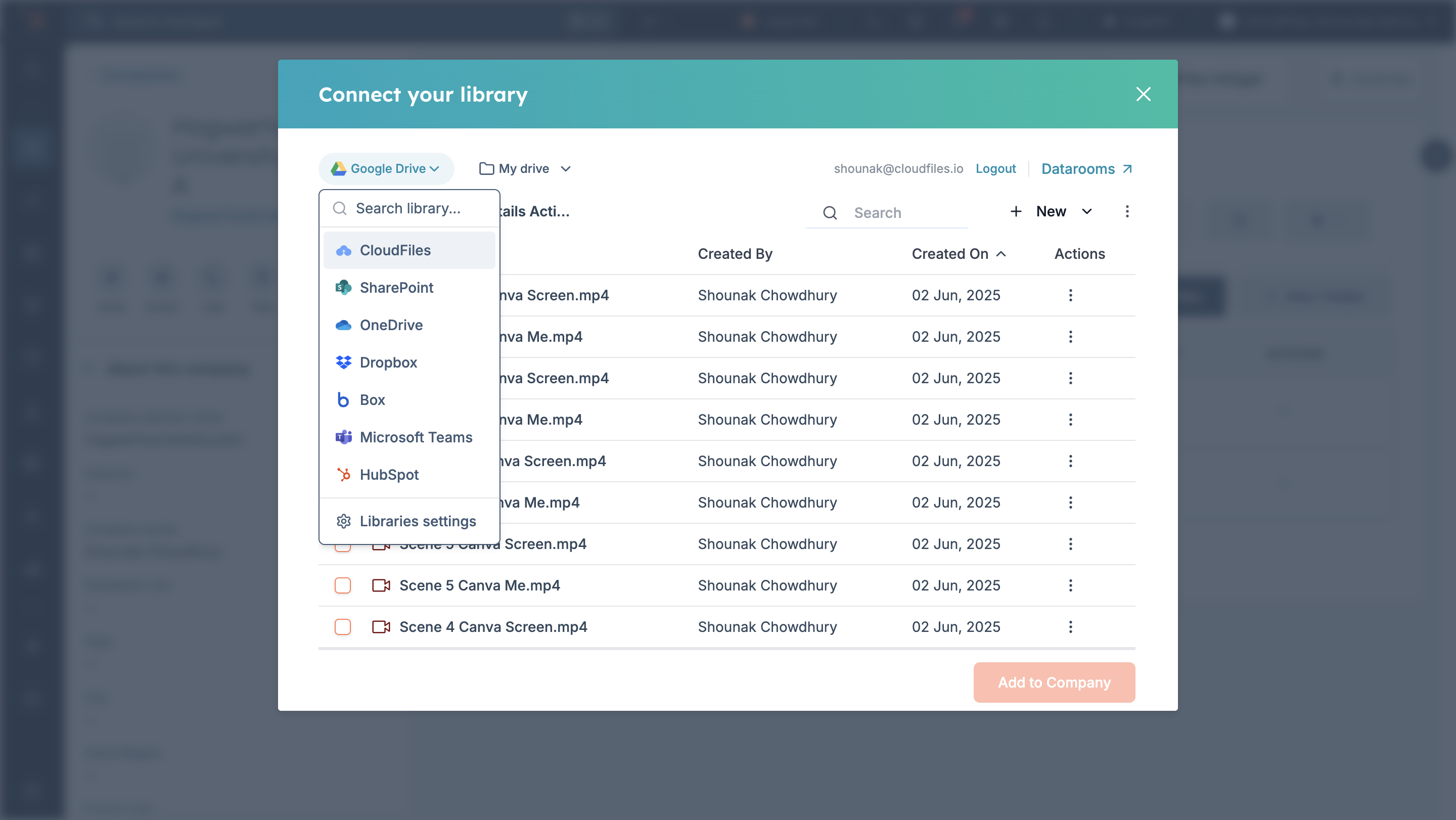 CloudFiles content library inside HubSpot