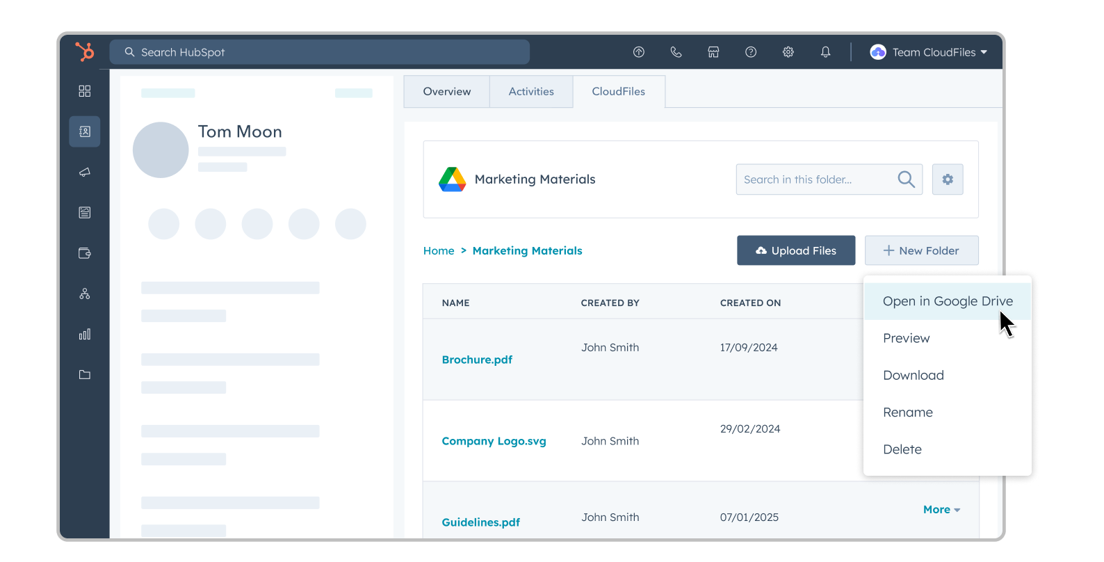 CloudFiles document management dashboard inside HubSpot