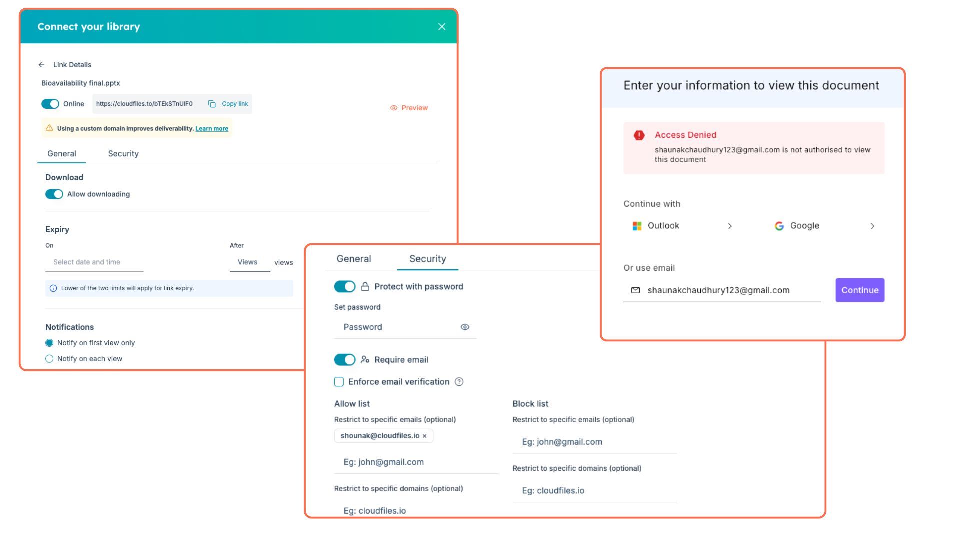 CloudFiles link security settings with password protection, required email verification, and allow/block lists, alongside an access-denied screen shown to an unauthorized viewer
