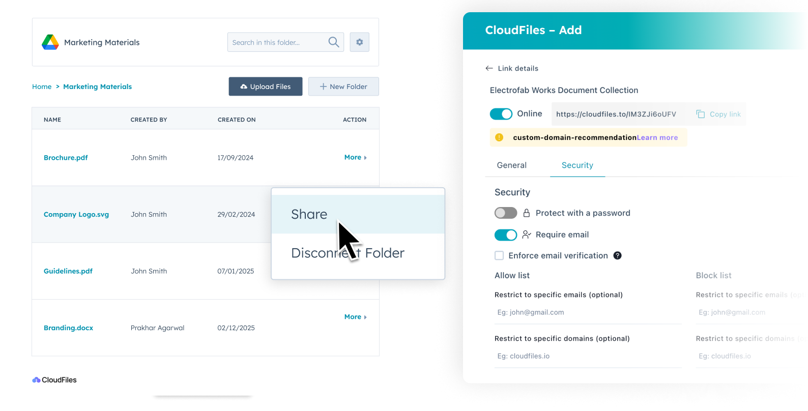 CloudFiles secure share-link creation inside HubSpot