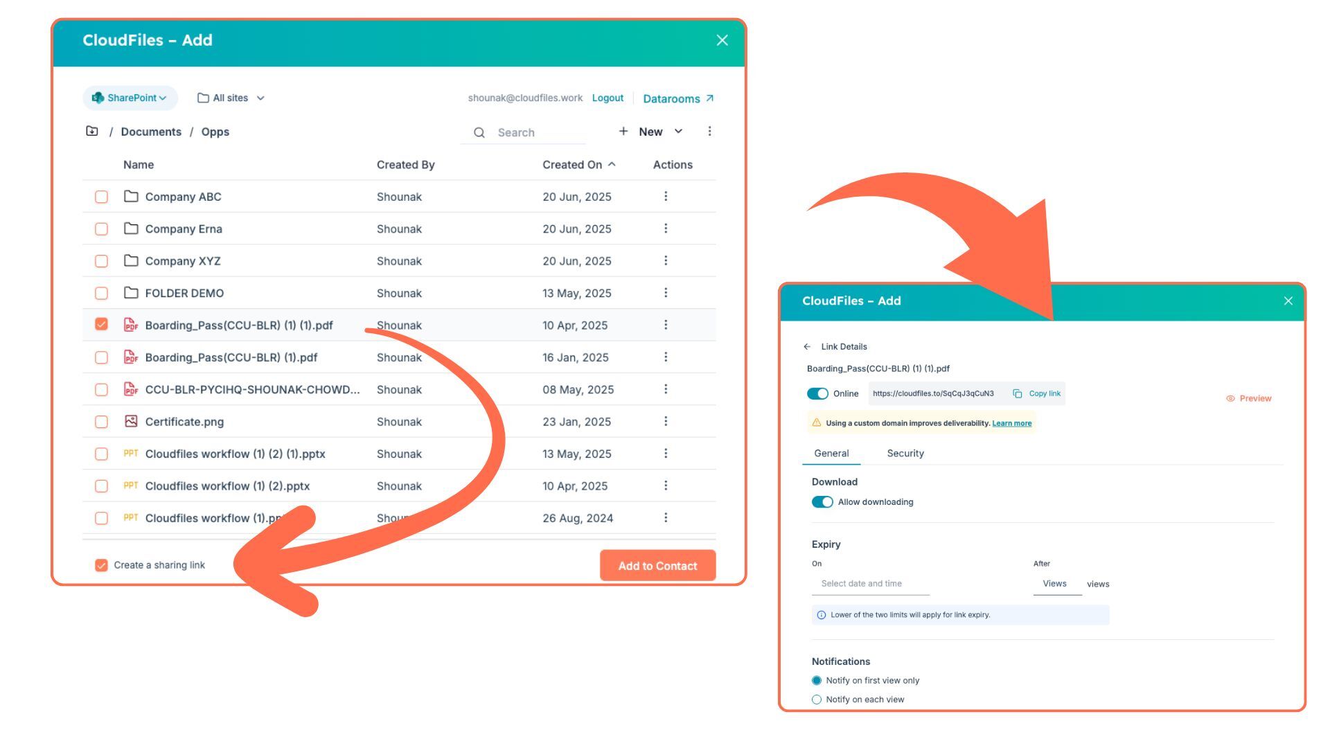 A SharePoint file selection connected to CloudFiles, automatically creating a shareable link with configured link settings