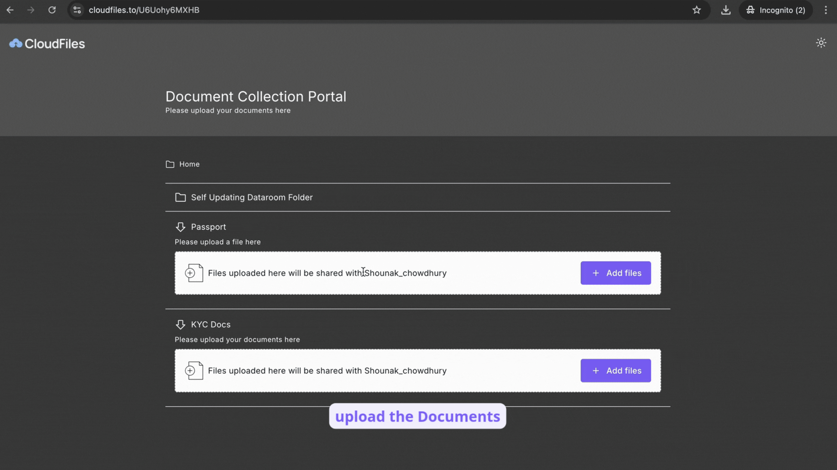 A CloudFiles document collection portal with a self-updating dataroom folder and separate upload requests for Passport and KYC documents
