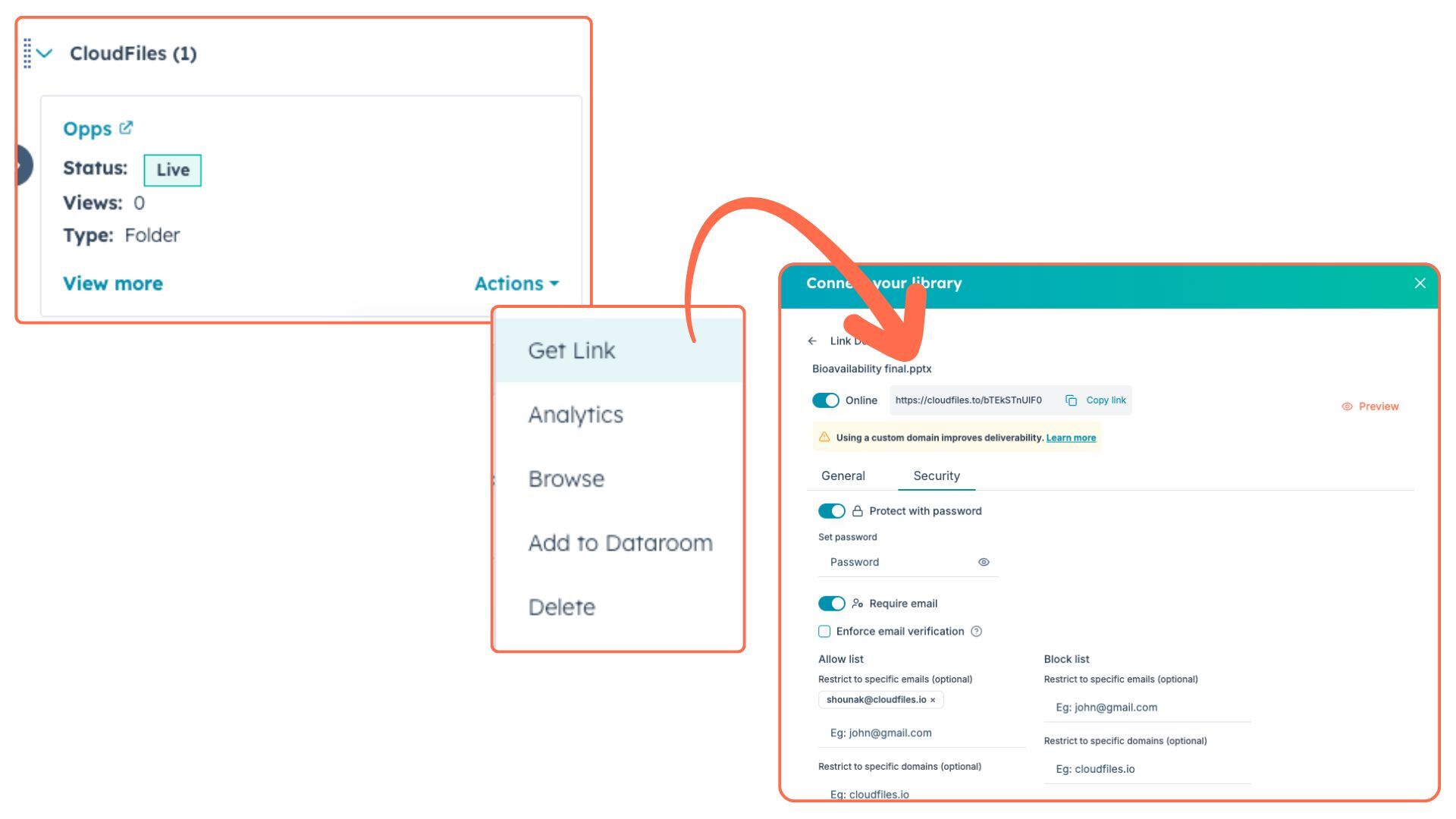 A HubSpot record's folder card with a Get Link action, opening the CloudFiles link's security settings including password protection and email allow lists